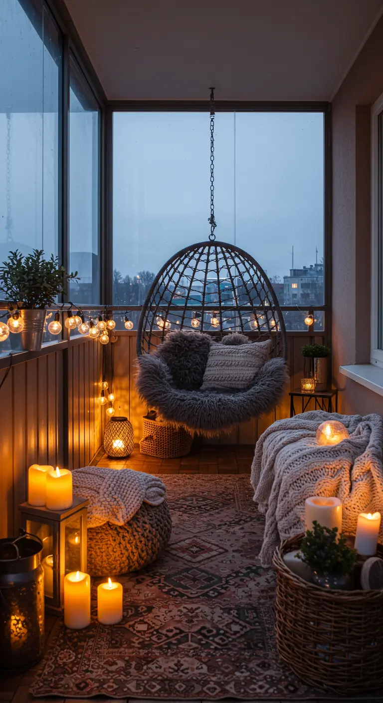 Sfeervol balkon 14 met hangstoel, schapenvacht en veel lichtjes in de winter