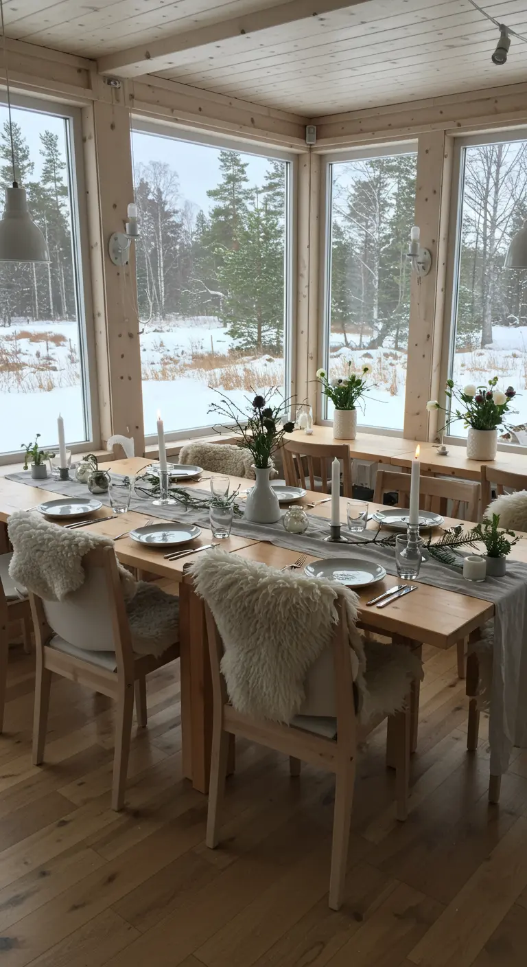 Scandinavische tafelsetting met houten tafel, schapenvachtjes, witte kaarsen en uitzicht op sneeuw.