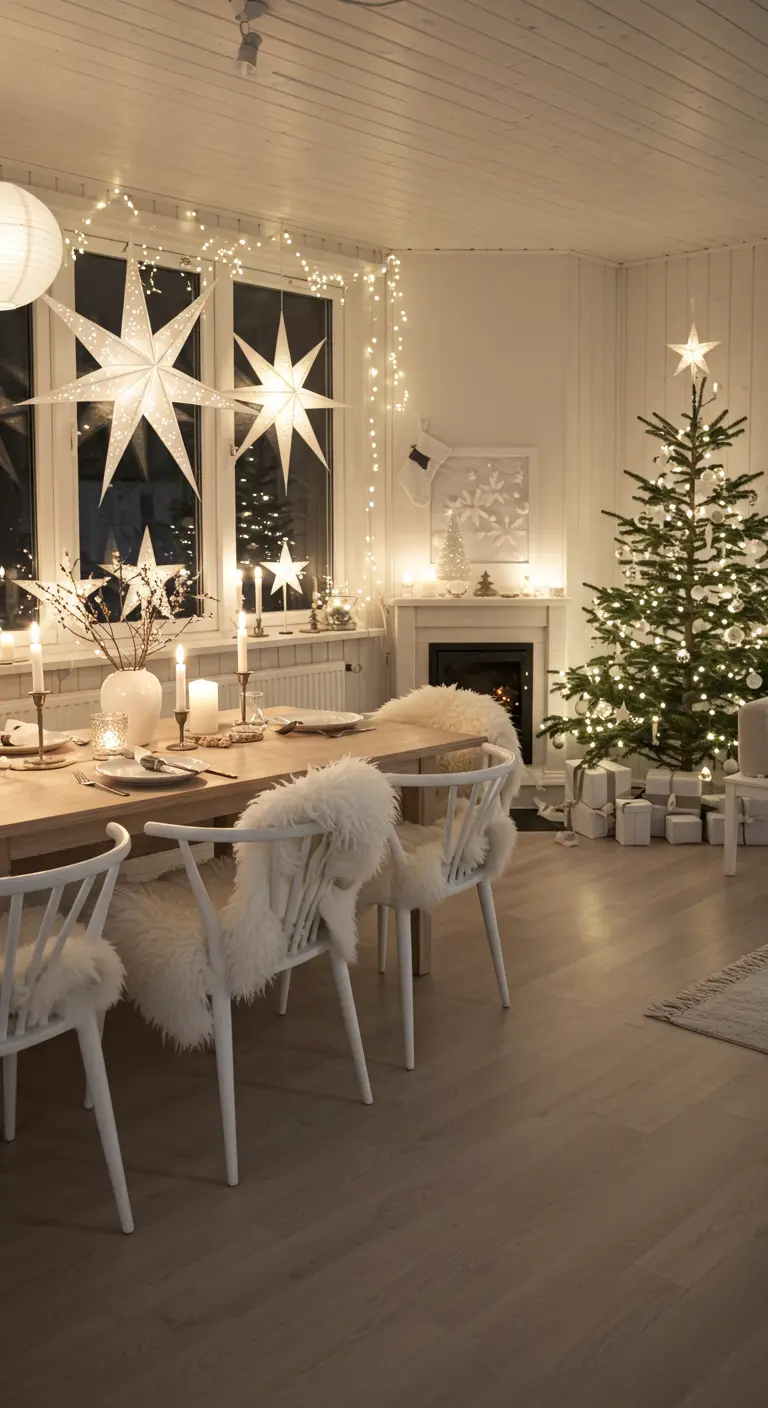 Scandinavisch interieur met witte sterlampen, kerstboom met lichtjes en kaarsen.