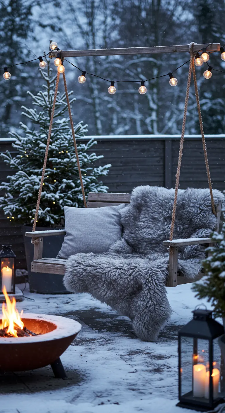 Houten schommelbank in de sneeuw met grijze vachtjes, kussens, vuurkorf en lichtslingers.