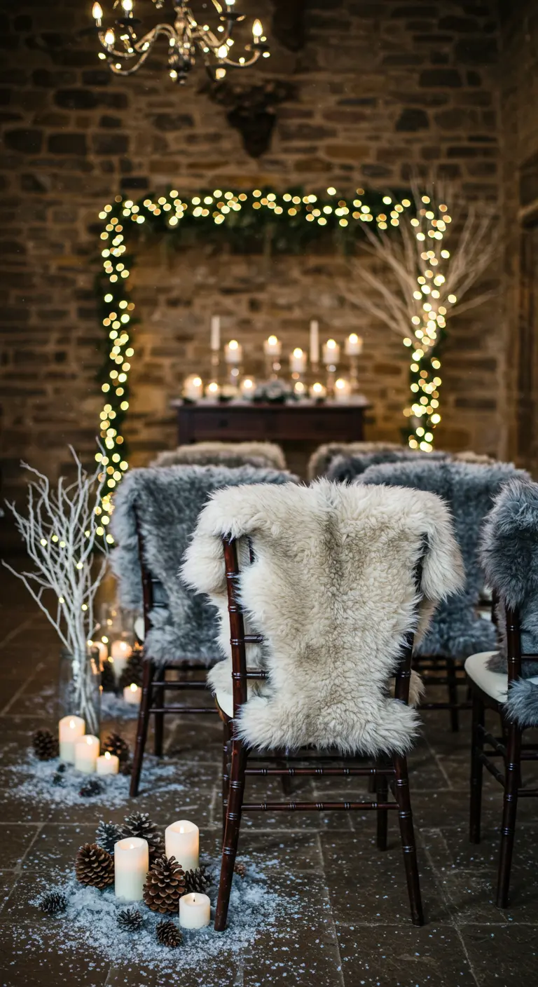 Donkerhouten stoel met een wit faux fur kleedje in een winterse setting met kaarsen en dennenappels.