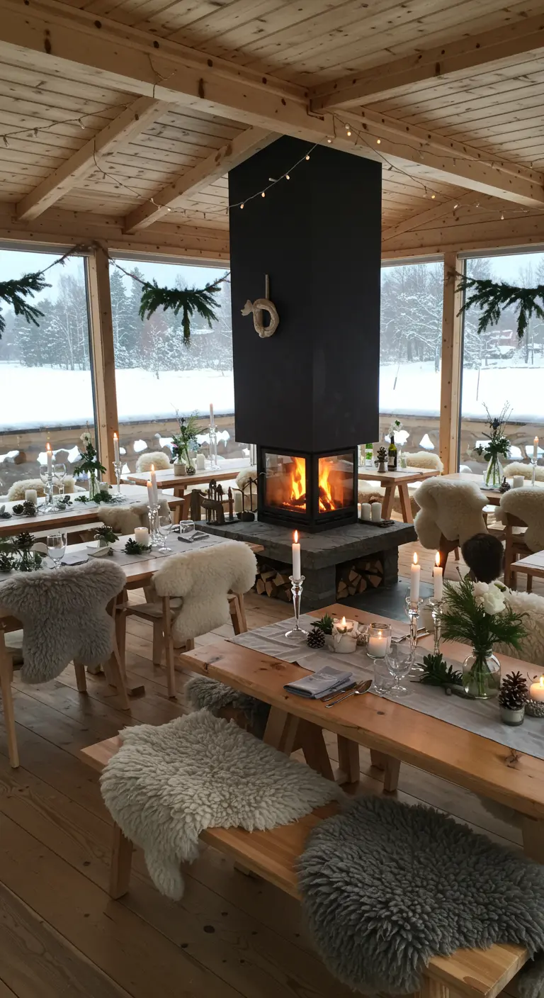 Winterse bruiloftssetting met open haard, schapenvachtjes op stoelen en kaarslicht.