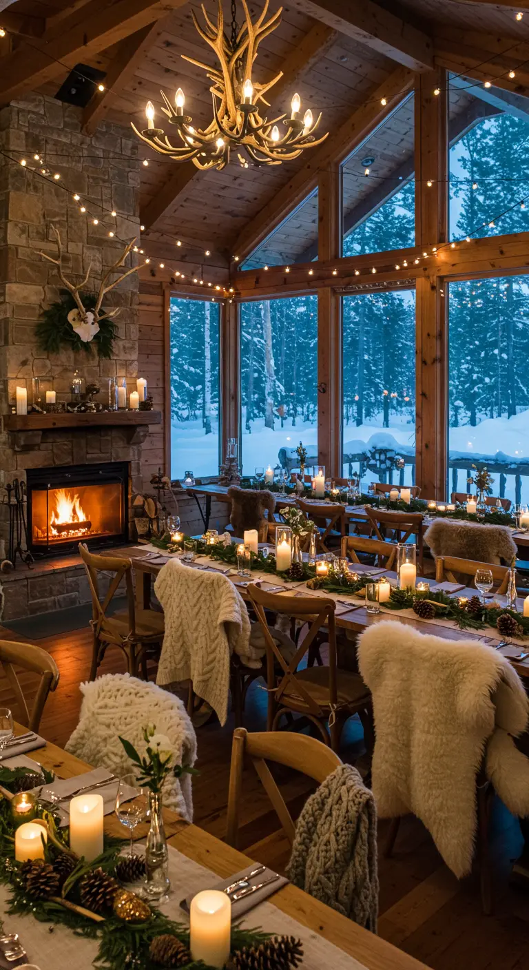 Knusse winterbruiloft receptie in houten lodge met open haard en schapenvachtjes.