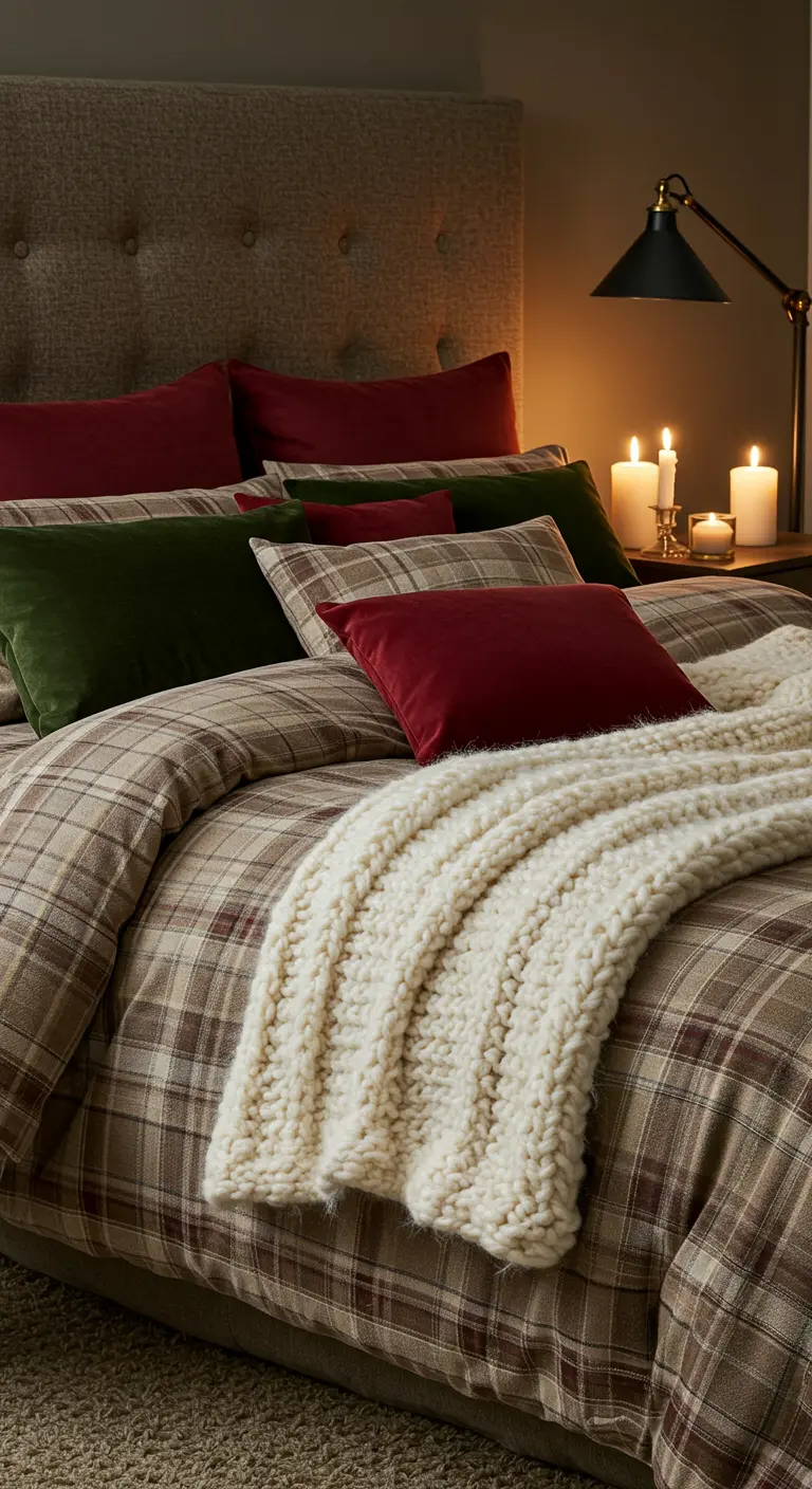 Bed met geruit dekbed, rode en groene fluwelen kussens, en een dikke gebreide plaid.
