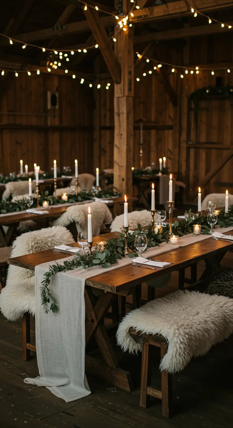 Scandinavische bruiloft tafelschikking met houten tafels, schapenvachtjes, eucalyptus en kaarslicht.