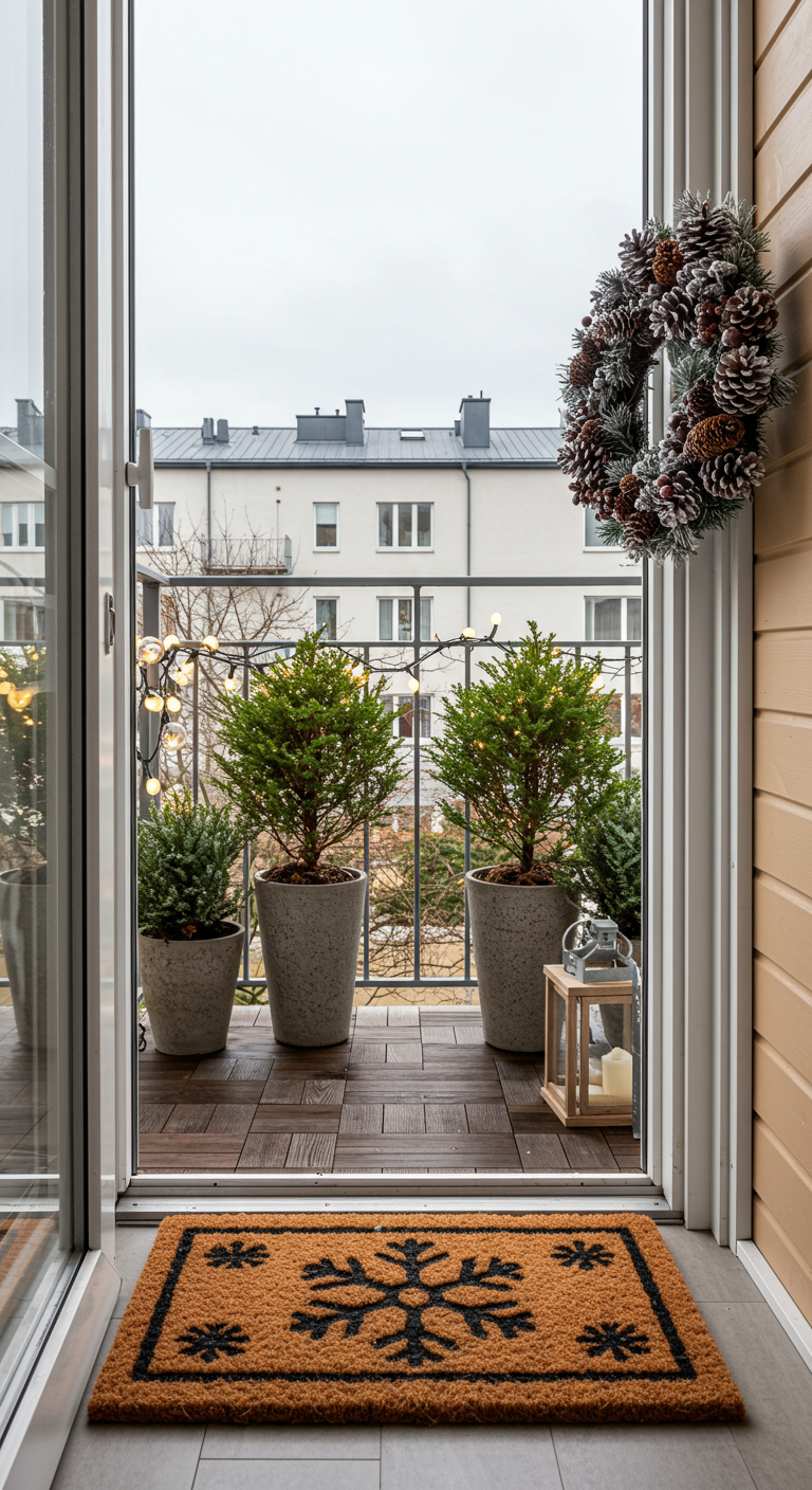Uitzicht vanuit binnen op een balkon met conifeertjes, een kerstkrans en een deurmat met sneeuwvlok.
