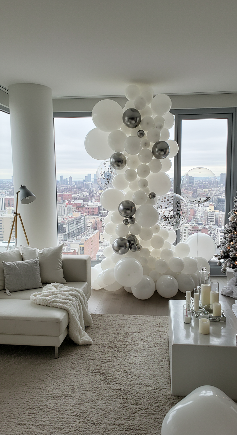 Witte en zilveren ballonnentoren in een modern ingerichte woonkamer.