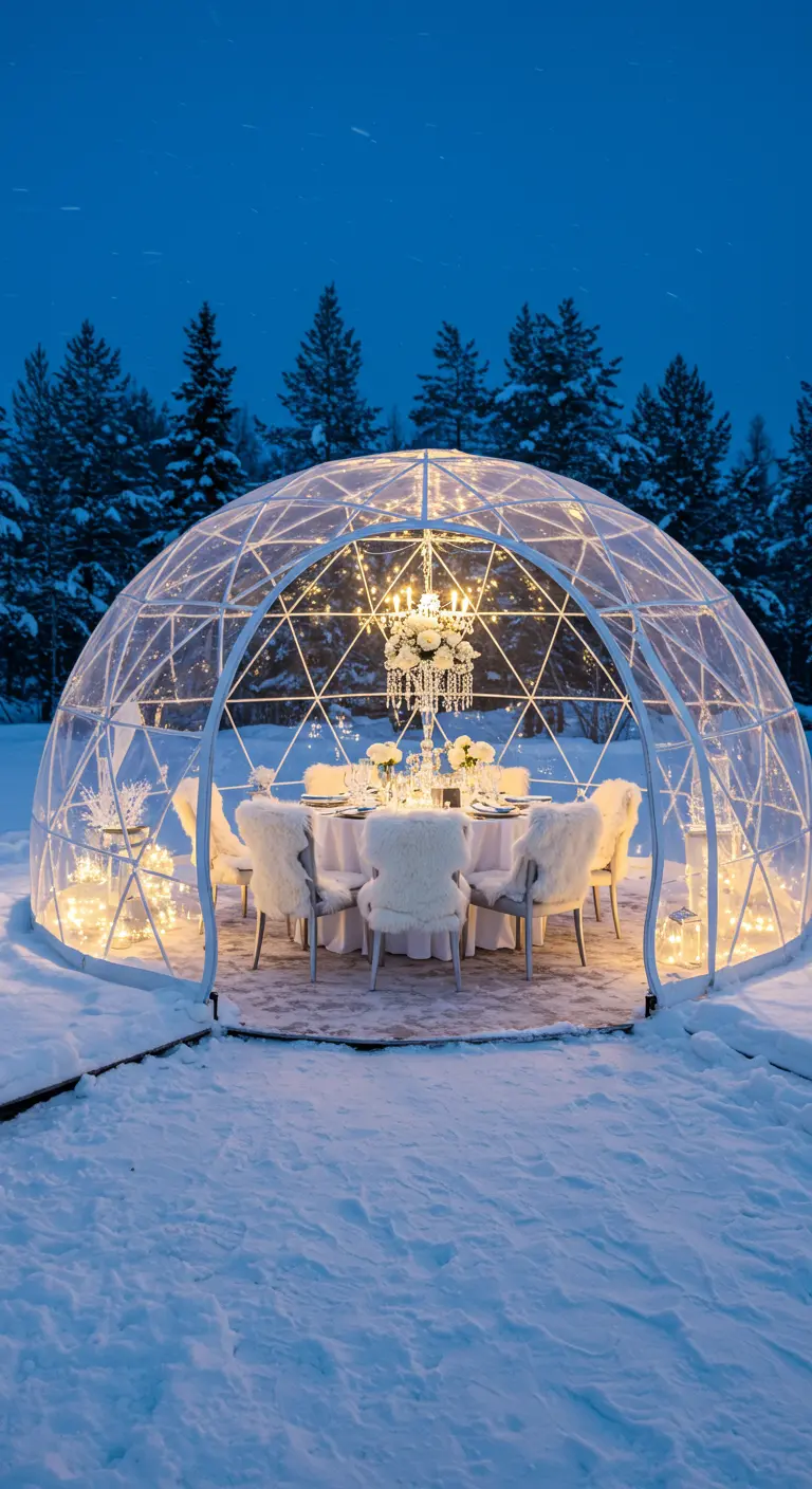 Witte winterbruiloft in een transparante iglo met verlichting en chique tafeldecoratie