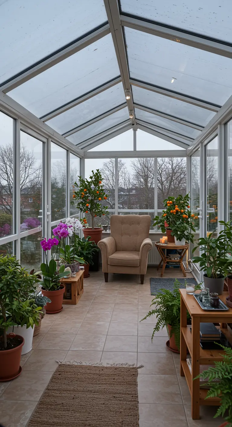 Gezellige wintertuin met glazen dak en wanden, fauteuil en veel potplanten.