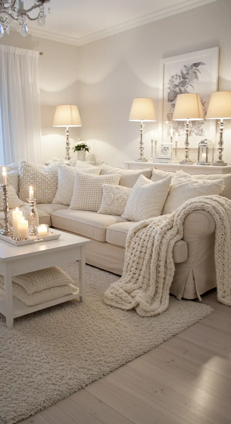 Knusse woonkamer met witte bank, veel kussens, gebreide plaids en kaarslicht.