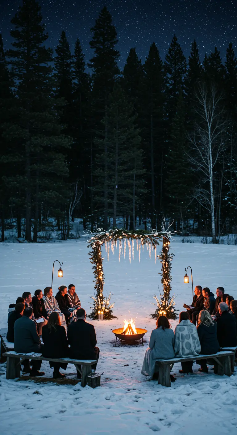 Winterceremonie in sneeuw met kampvuur, dennentakkenboog en ijspegels.