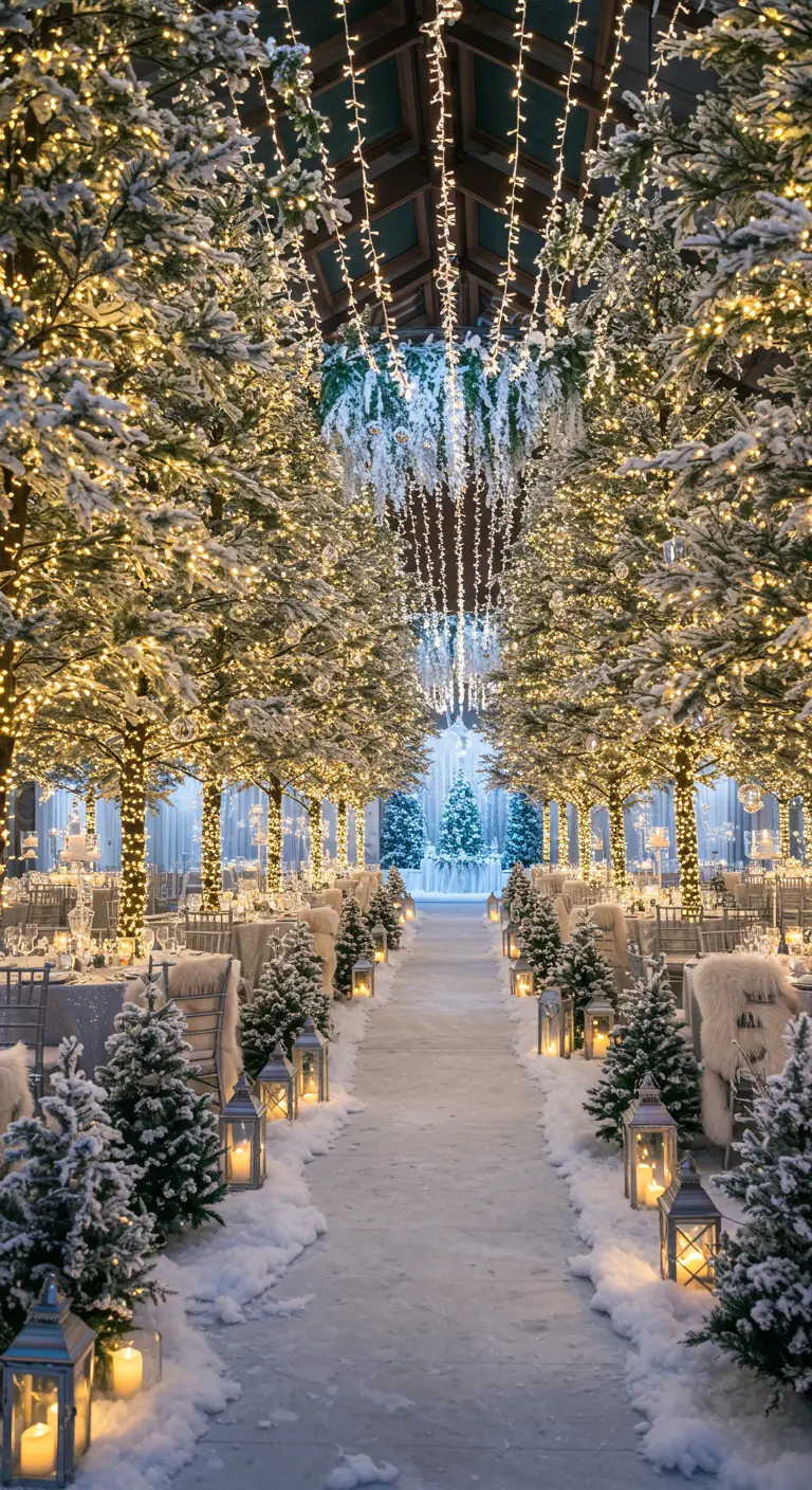 Winterbruiloft gangpad met besneeuwde bomen, lichtjes, ijspegellichtjes en lantaarns.