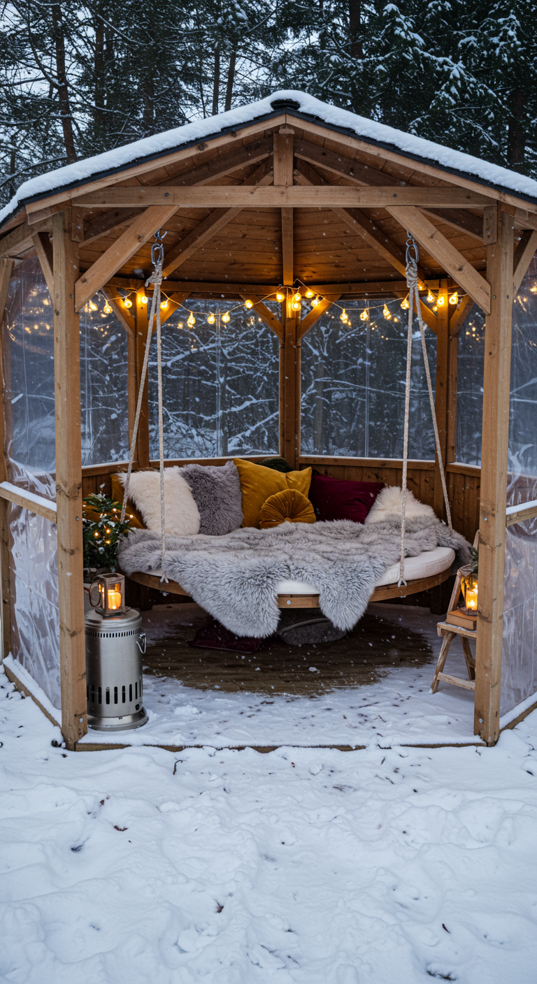 Houten gazebo met ronde hangbank, bontjes, kussens en lantaarns in een besneeuwd winterlandschap.