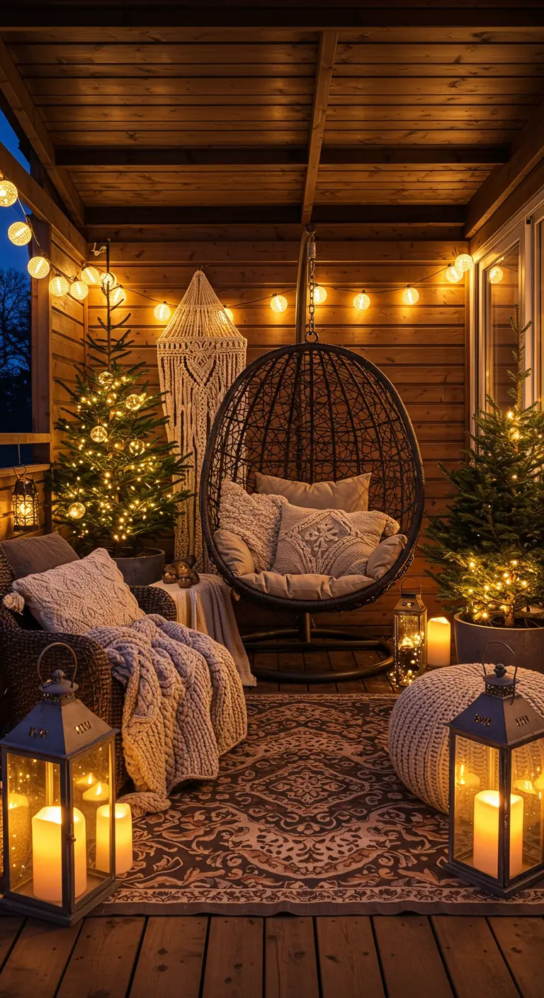 Donkere ei-hangstoel met standaard in winterse setting met kerstbomen, lantaarns en warme plaids.