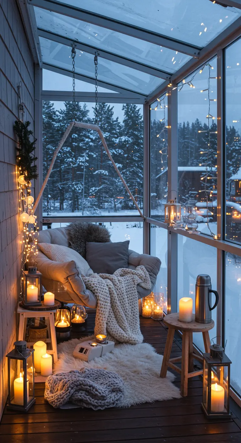 Winterse veranda met hangstoel, veel lichtjes, kaarsen, warme plaids en uitzicht op sneeuw.