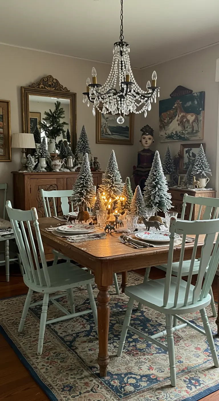 Eettafel gedecoreerd met besneeuwde kerstbomen, hertenbeeldjes, kleine lichtjes en kaarsen.
