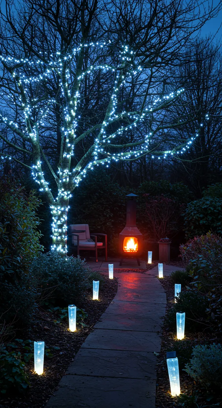 Tuin met boom verlicht met koele lichtjes, een vuurkorf en solar padverlichting.