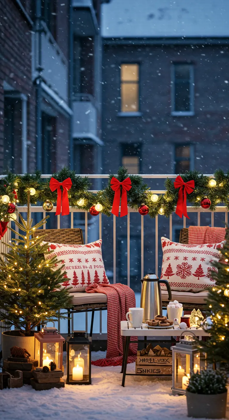 Balkon in kerstsfeer met guirlandes, rode strikken, kerstboom en winterse kussens.