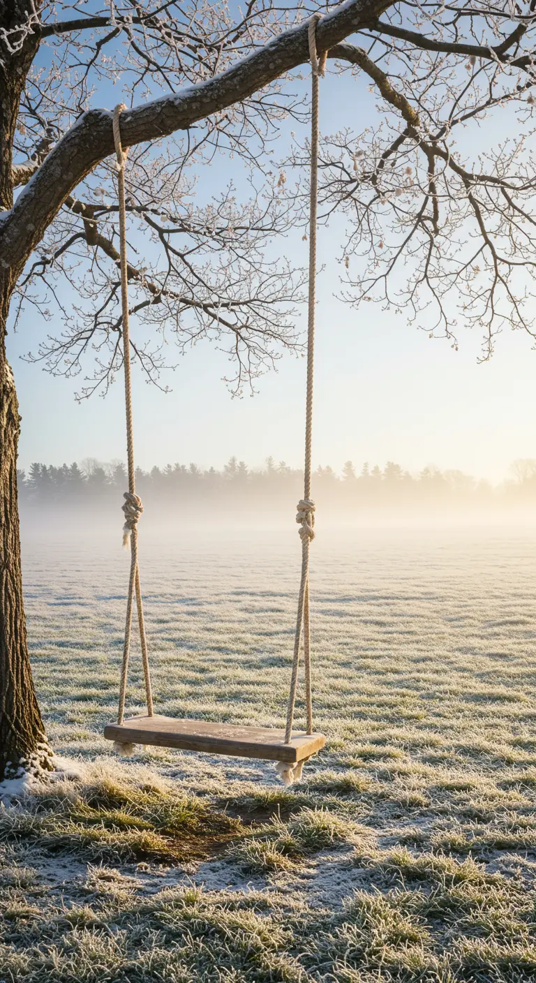 Boomstam-schommel aan touwen in een mistig, winters landschap met bevroren gras en takken.
