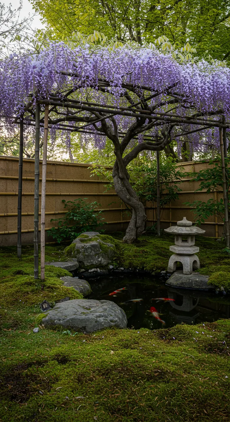 Blauweregen geleid over een houten frame boven een Japanse tuin met vijver.