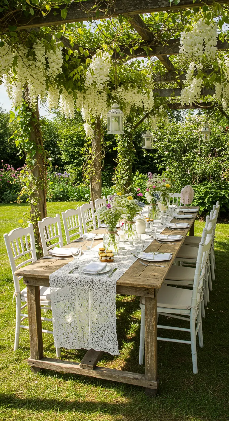 Lange houten ontbijttafel onder pergola met witte bloemen en lantaarns in tuin.