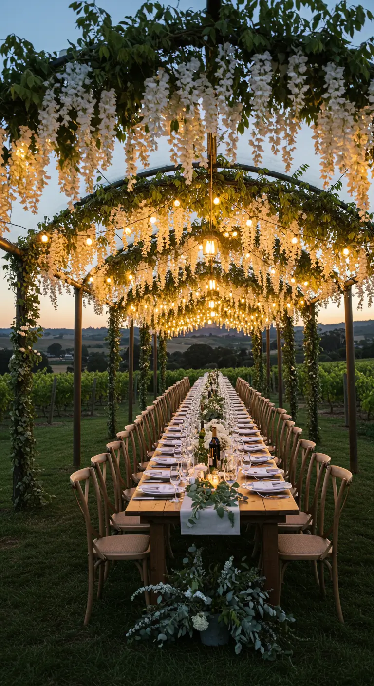 Lange dinertafel onder pergola met hangende witte bloemen en veel lichtjes, wijngaard.