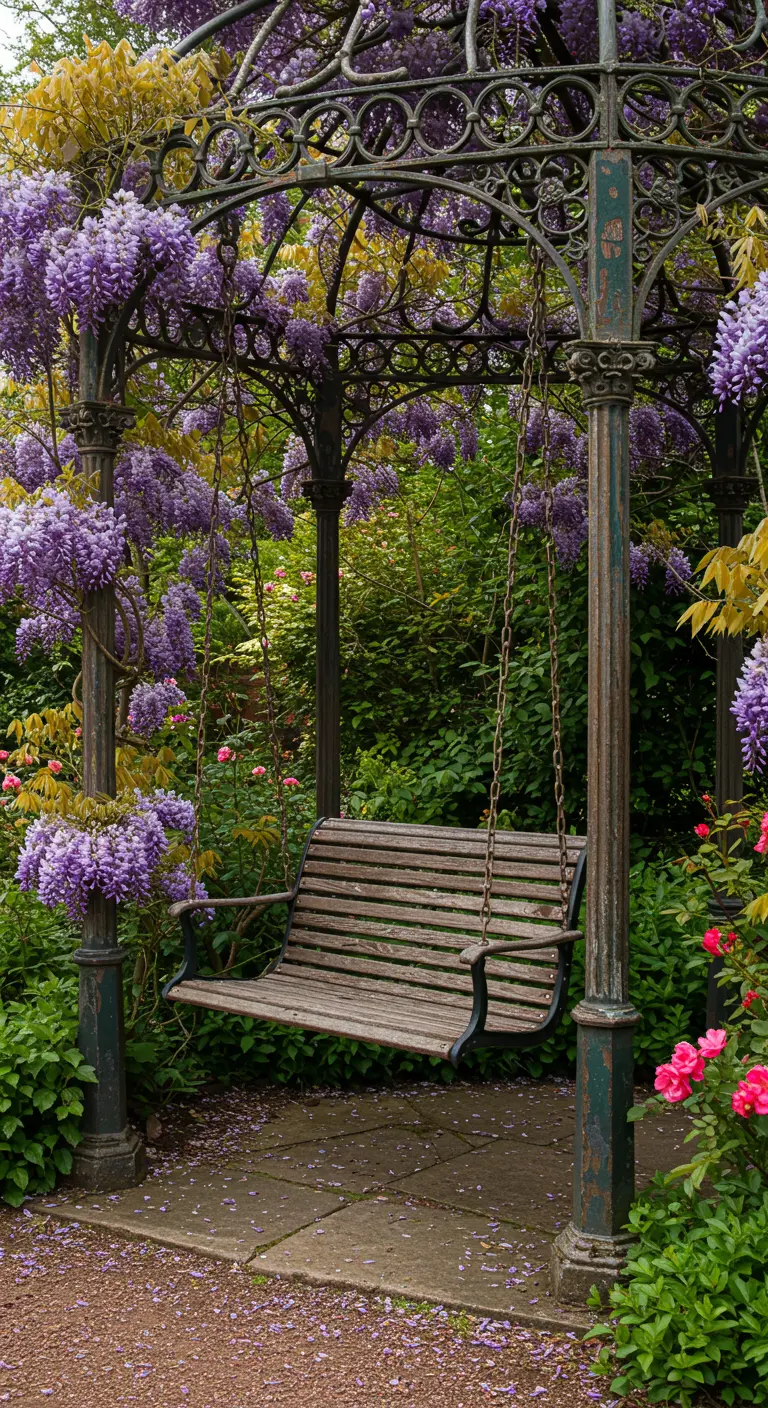 Rustieke houten schommelbank onder metalen pergola begroeid met paarse wisteria.
