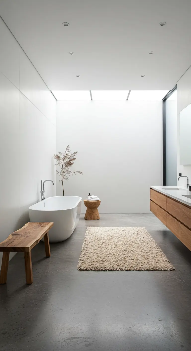 Witte badkamer met betonnen vloer, houten bankje en groot crèmekleurig kleed.