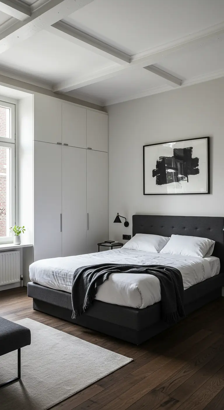 Minimalistische witte slaapkamer met zwart bed, groot abstract kunstwerk en inbouwkasten.