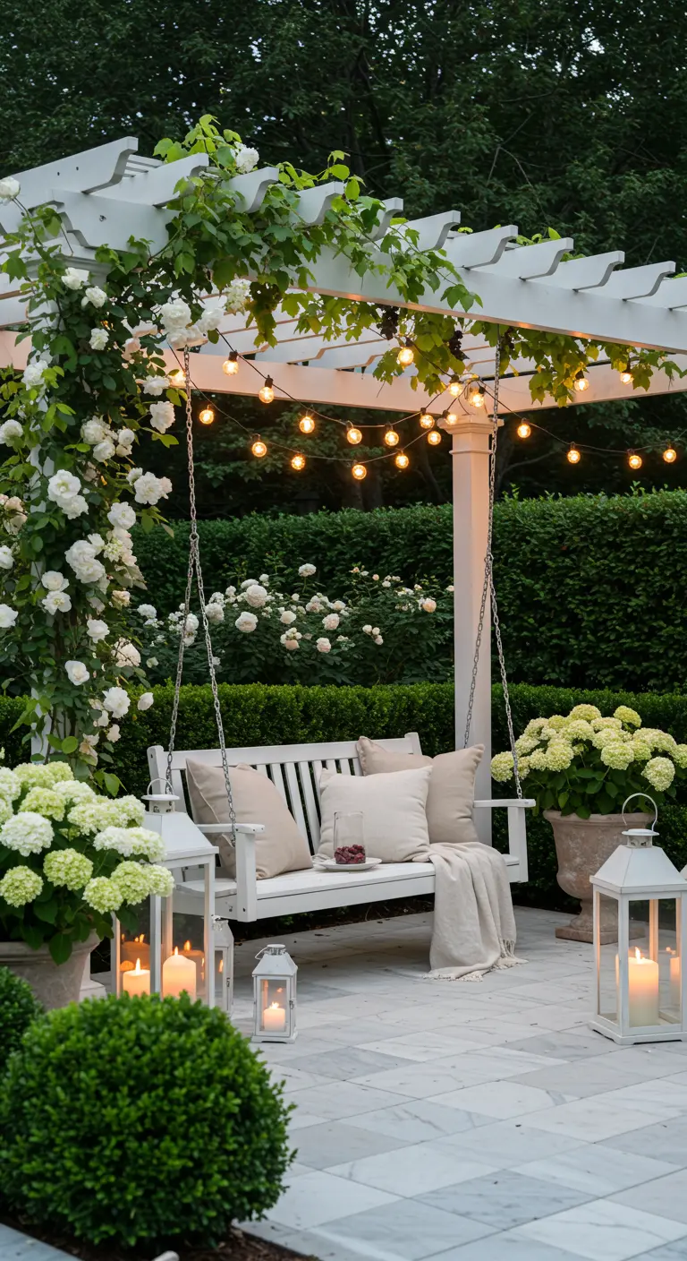Witte pergola met witte klimrozen, witte schommelbank, lichtslingers, lantaarns en hortensia's.