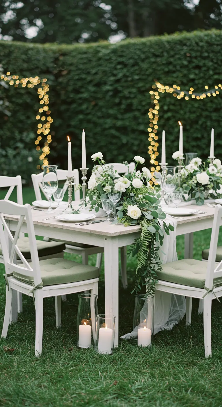 Wit gedekte tuintafel met groene decoratie en lichtslingers.