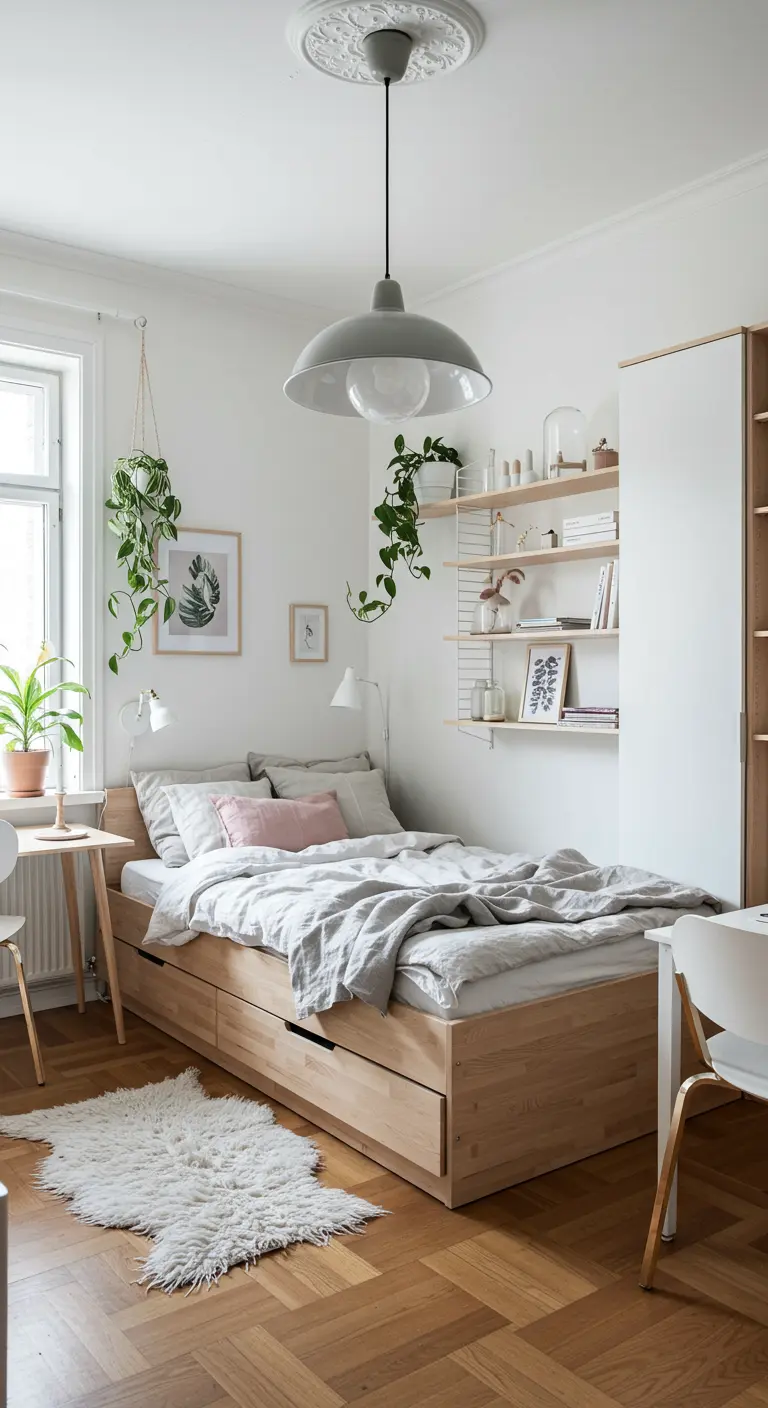 Lichte slaapkamer met veel wit, planten en open planken.