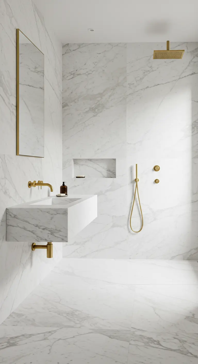 Heldere witte marmeren badkamer met zwevende wasbak en subtiele messing details.