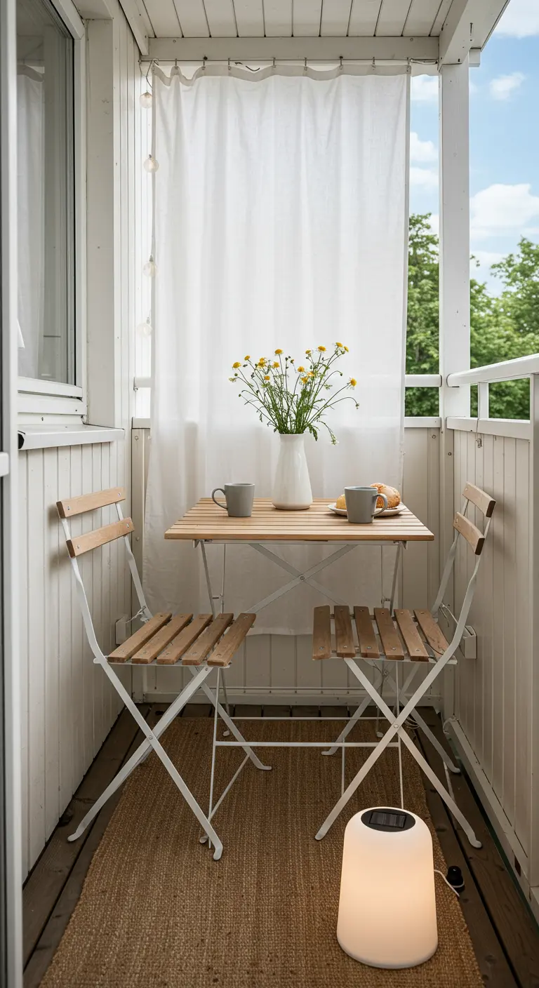 Klein balkon met wit linnen doek, houten bistroset, bloemen in vaas, vloerkleed en lantaarn.