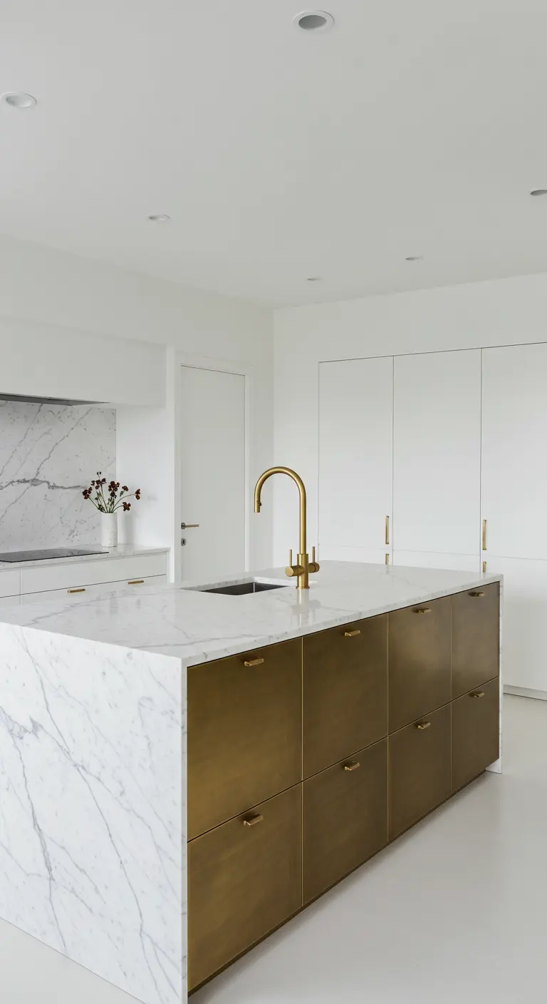 Witte keuken met wit marmeren eiland en opvallende lades van volledig messing.