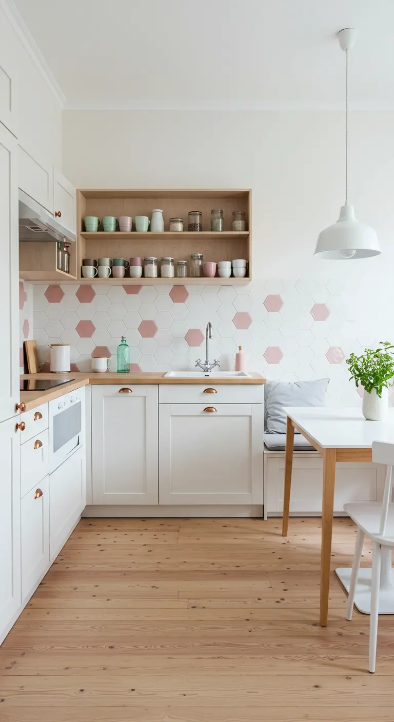 Witte Scandinavische keuken met roze hexagon tegels en houten details.