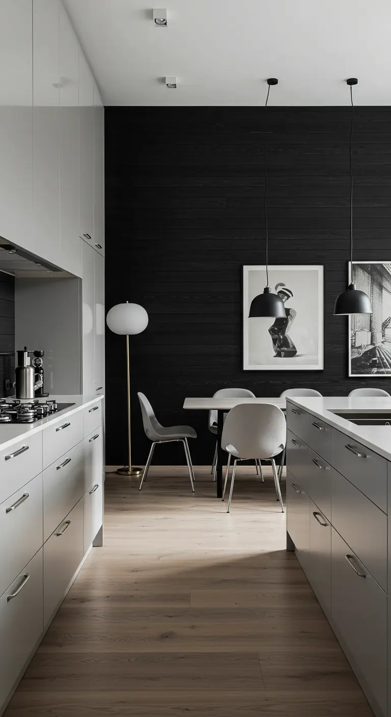 Moderne witte keuken met zwarte houten panelen als accentmuur.