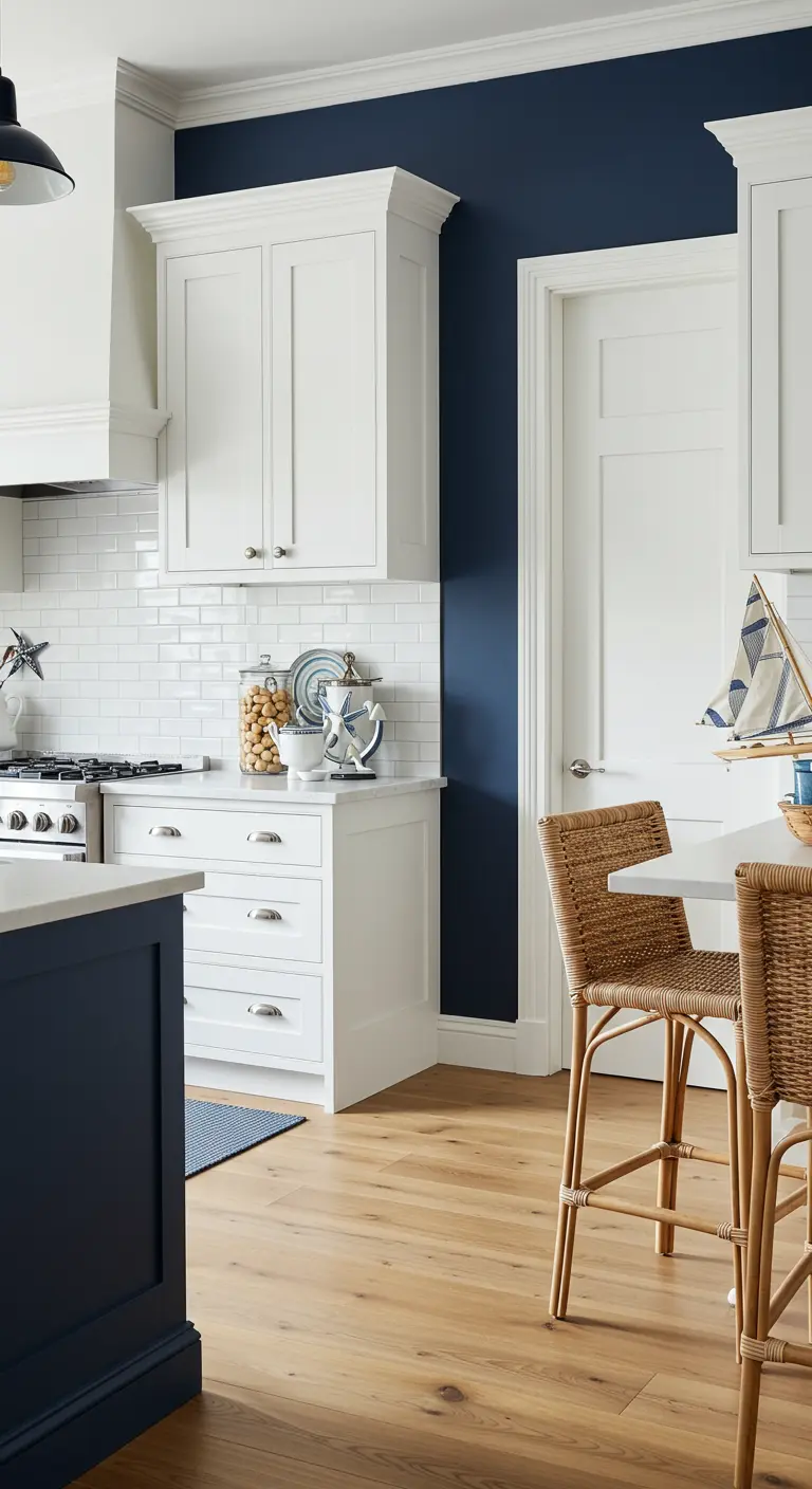 Keuken met witte kasten, donkerblauwe muur en maritieme details.