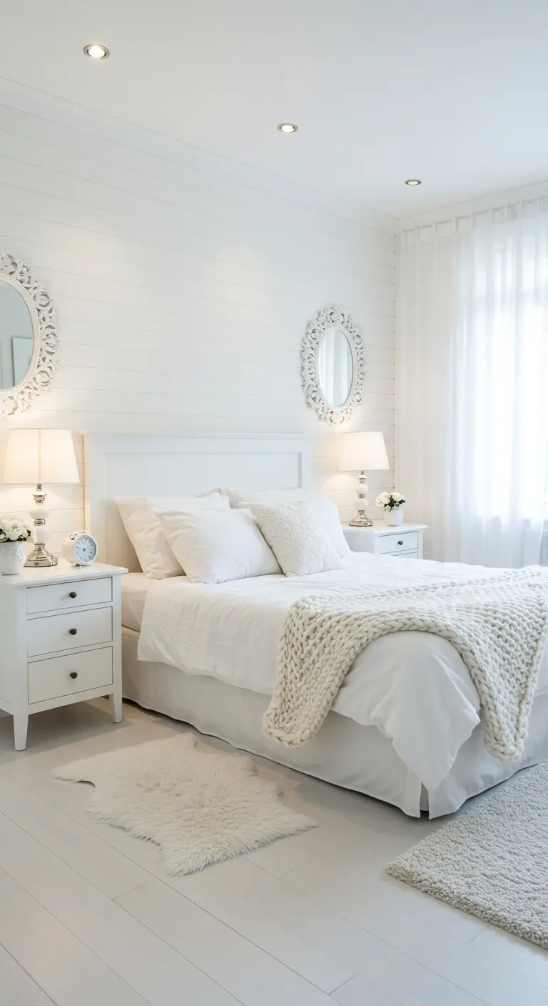 Geheel witte slaapkamer met verschillende texturen voor diepte.