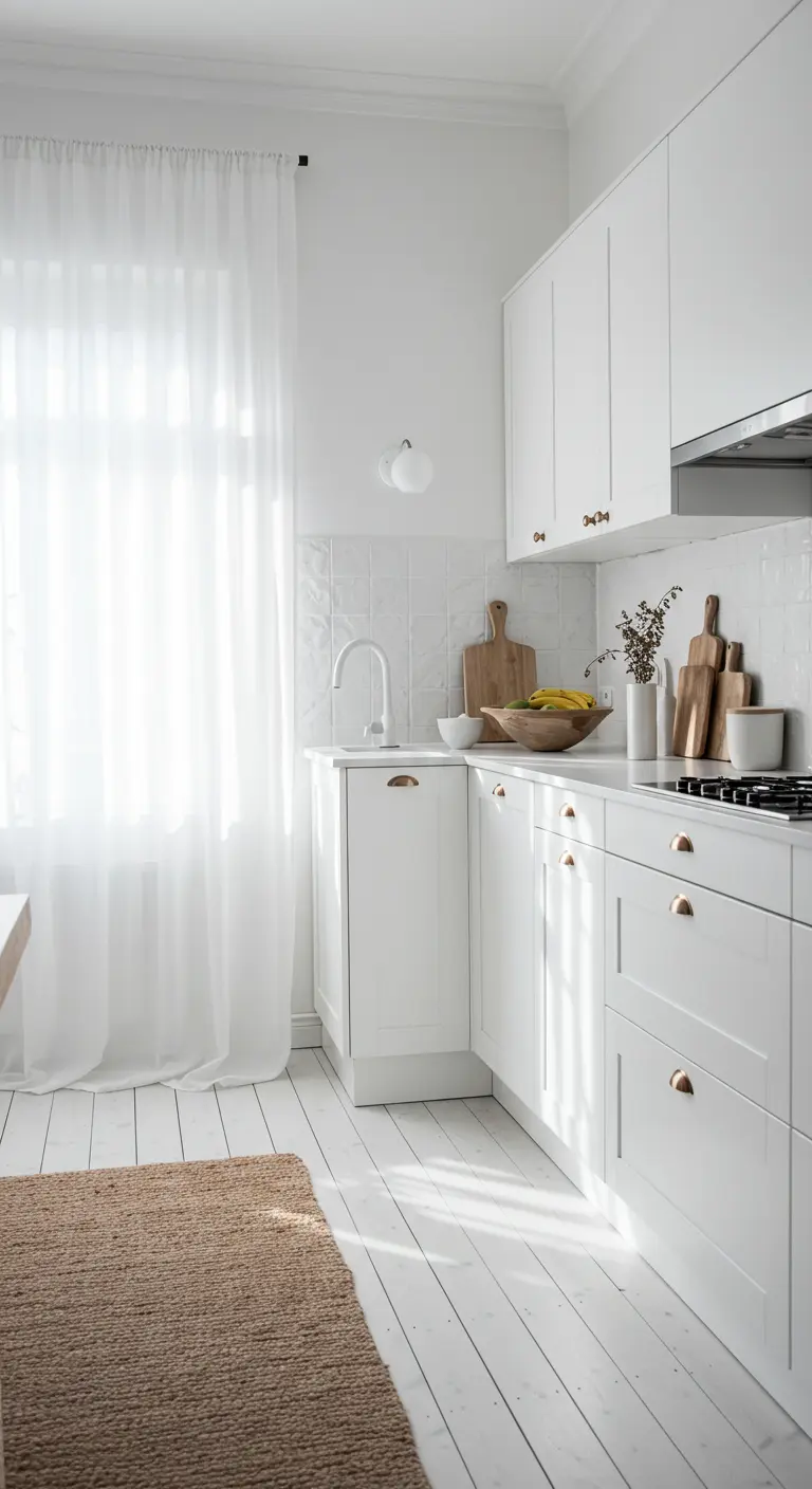 Volledig witte Scandinavische keuken met witte houten vloer en jute kleed.