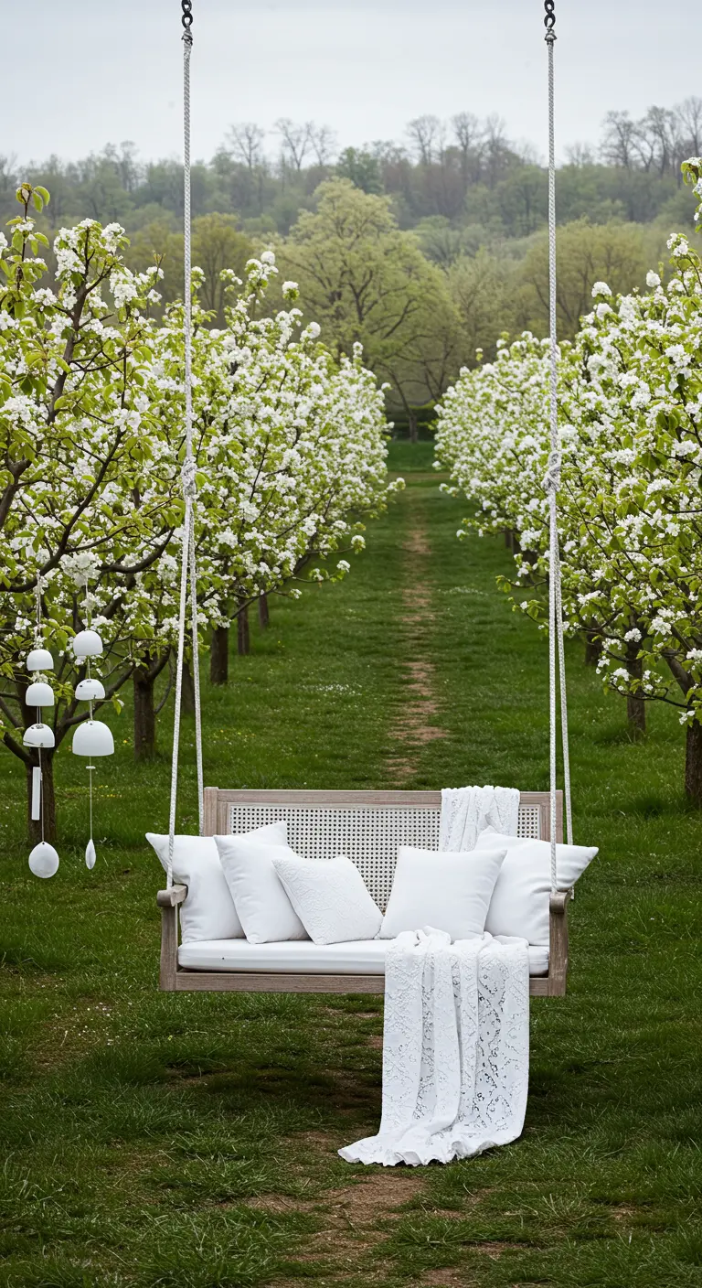 Witte houten schommelbank met kussens, kanten deken en witte ornamenten in bloesemgaard.