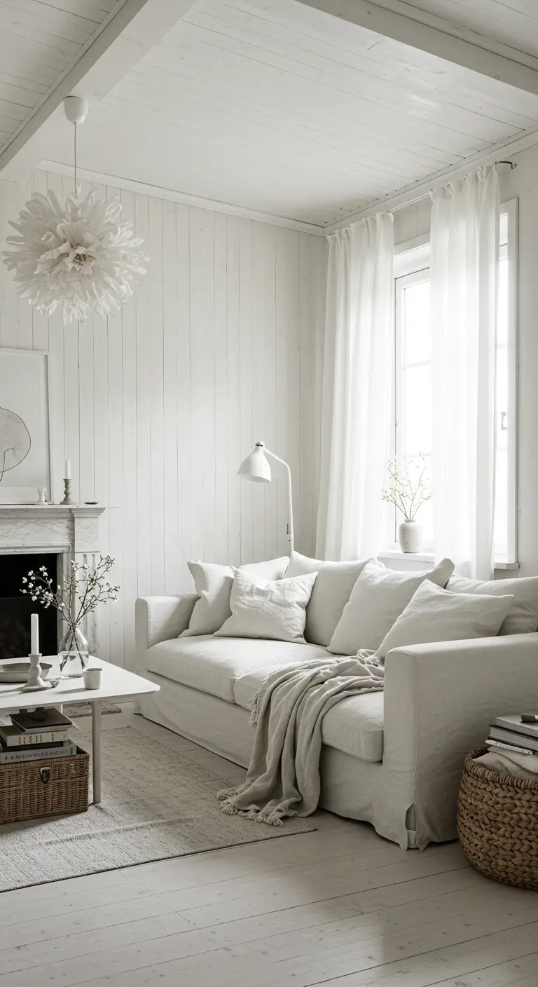 Lichte, witte woonkamer met witte bank, witte muren en lichte accessoires.
