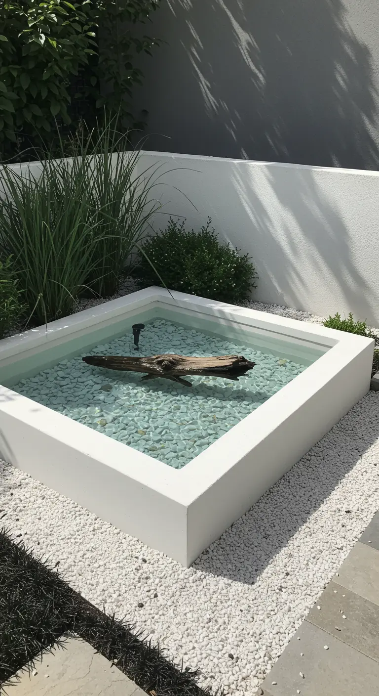 Vierkante witte vijver met lichte kiezels en een stuk drijfhout, in een moderne tuin.