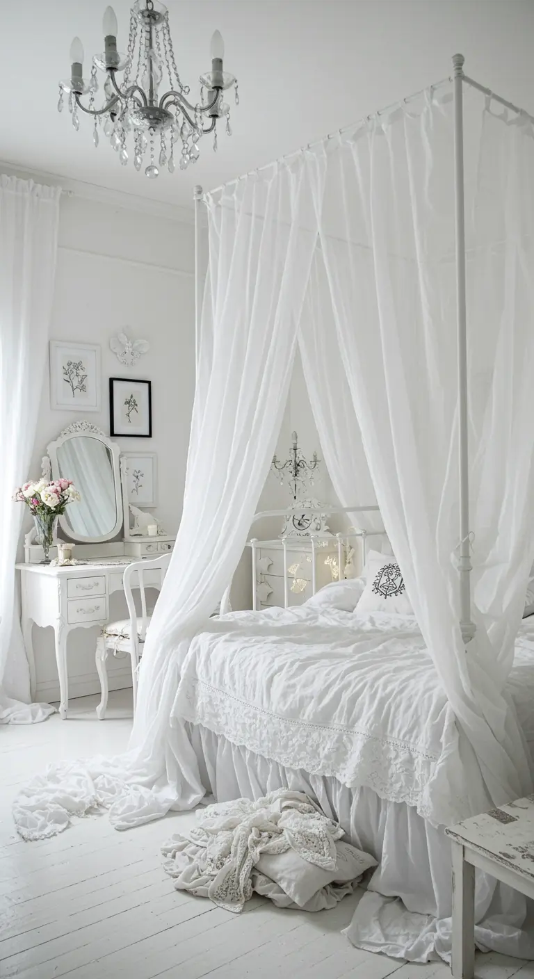 Romantische, volledig witte slaapkamer met hemelbed en kanten details.