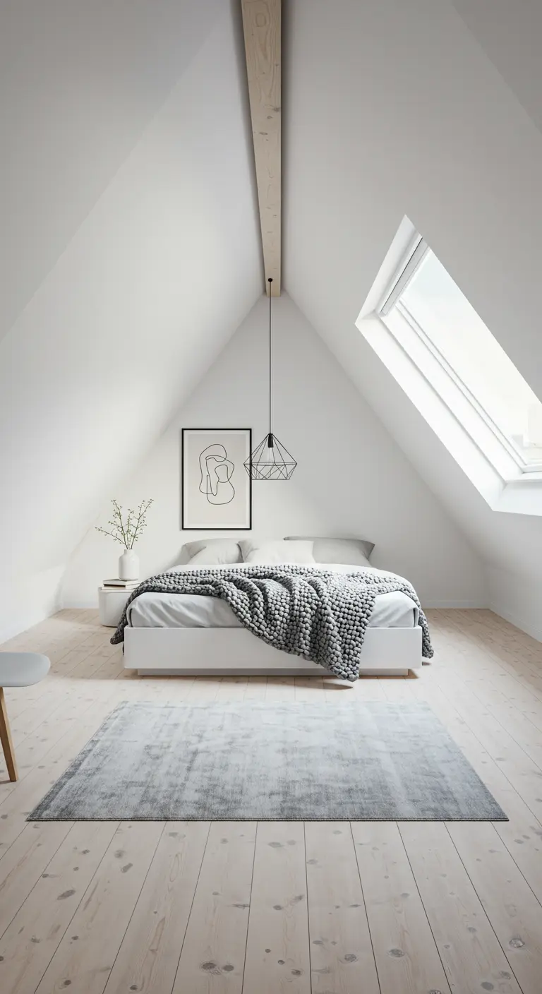 Minimalistische witte zolderslaapkamer met dakraam en grijs plaid.