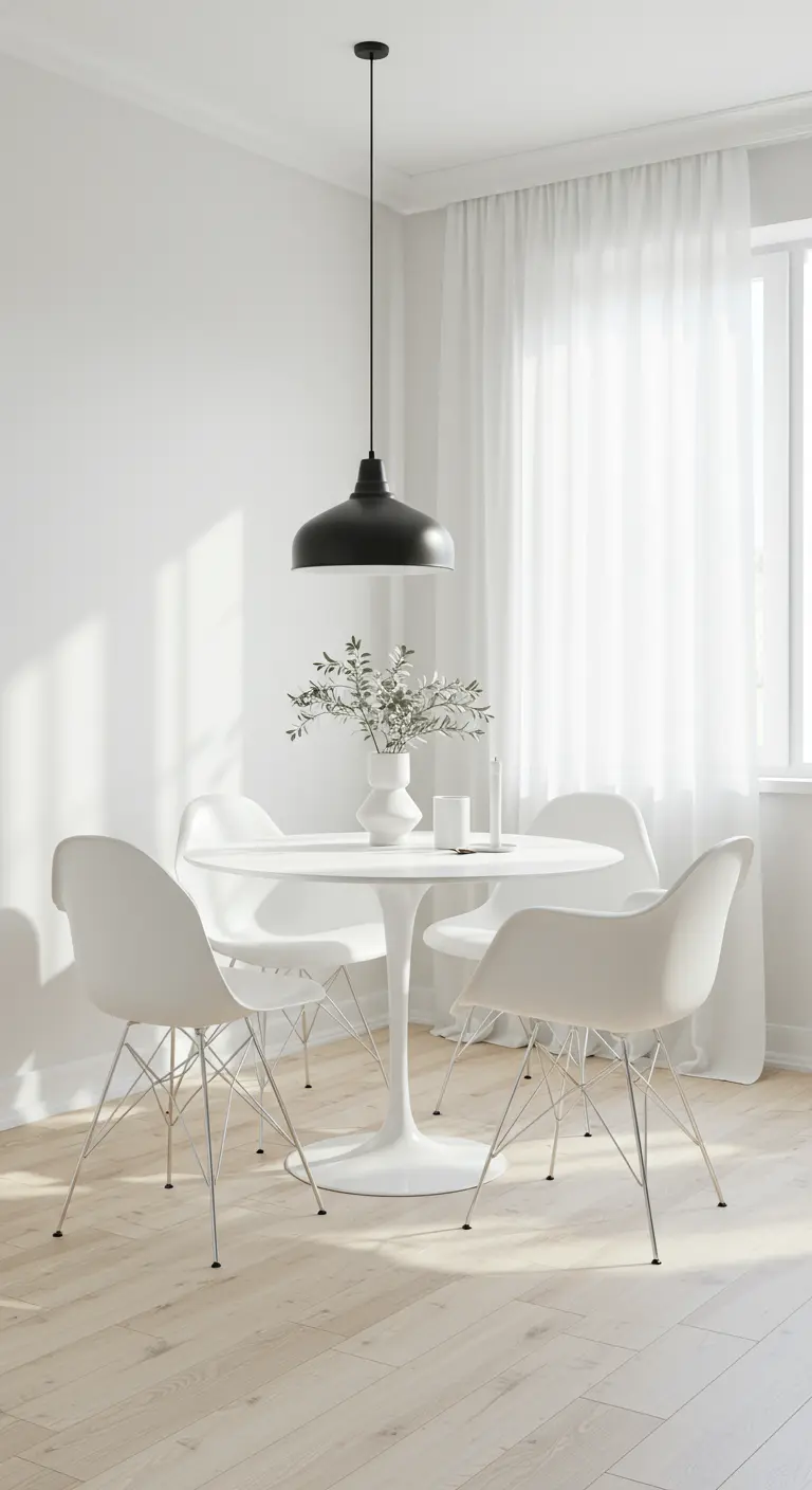Lichte, witte eethoek met ronde tafel en minimalistische stoelen.