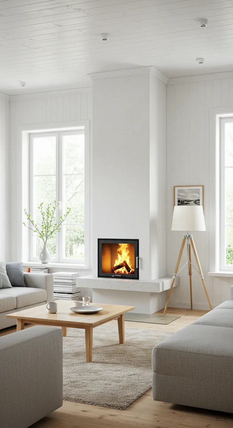 Moderne, lichte Scandinavische woonkamer met witte muren, lichte meubels en een strakke haard.