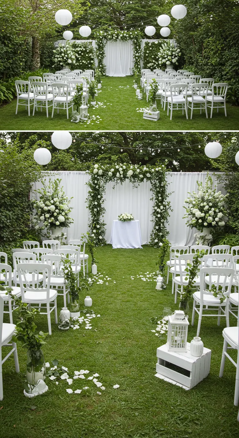 Elegante witte trouwceremonie setting in tuin met witte bloemen en lampionnen.