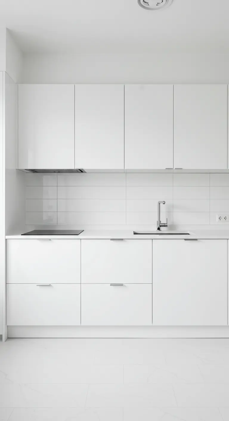 Strakke, volledig witte keuken met greeploze kasten en witte tegelachterwand.