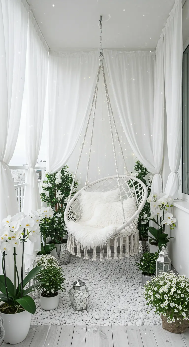 Witte macramé hangstoel met witte kussens, witte orchideeën en witte kiezels.